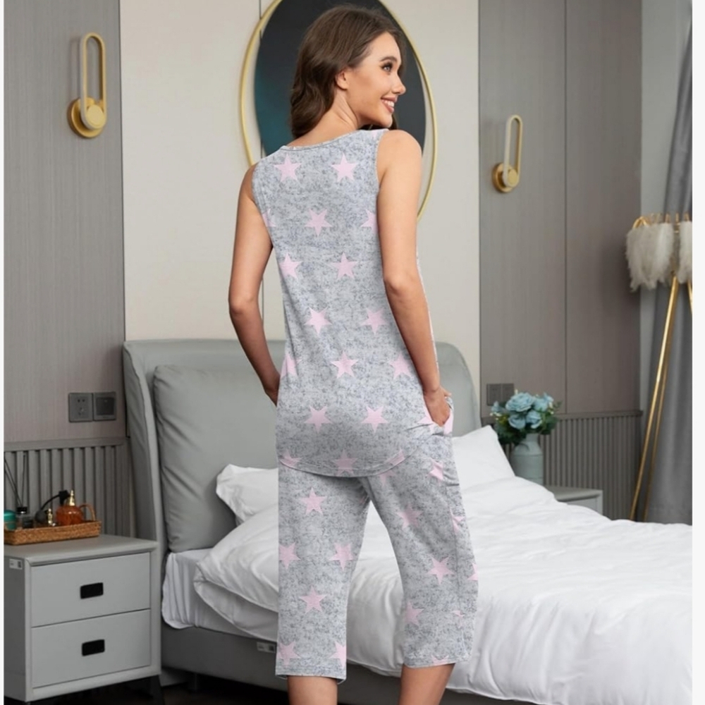 Findsweet Sleeveless Star-Print Sleep Set in Light Gray & Pale Pink - NWT - Picture 3 of 7